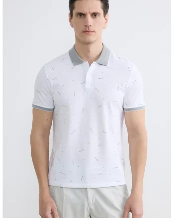 Tricou polo cu imprimeu grafic, Alb/Gri antichizat