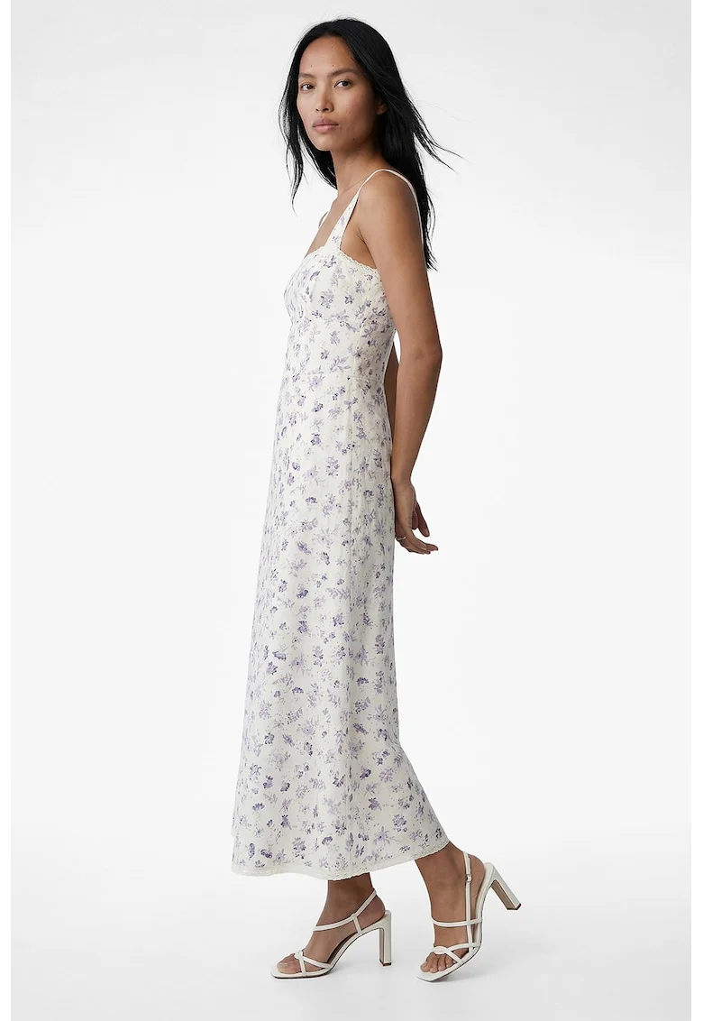Rochie cu decolteu patrat si model floral, Lila/Crem