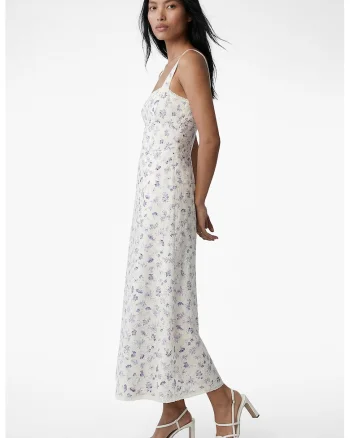 Rochie cu decolteu patrat si model floral, Lila/Crem