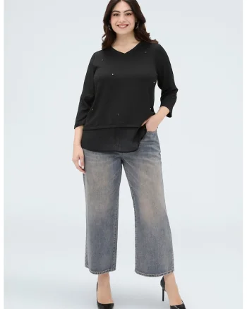 Bluza cu decolteu in V si maneci 3/4, Negru