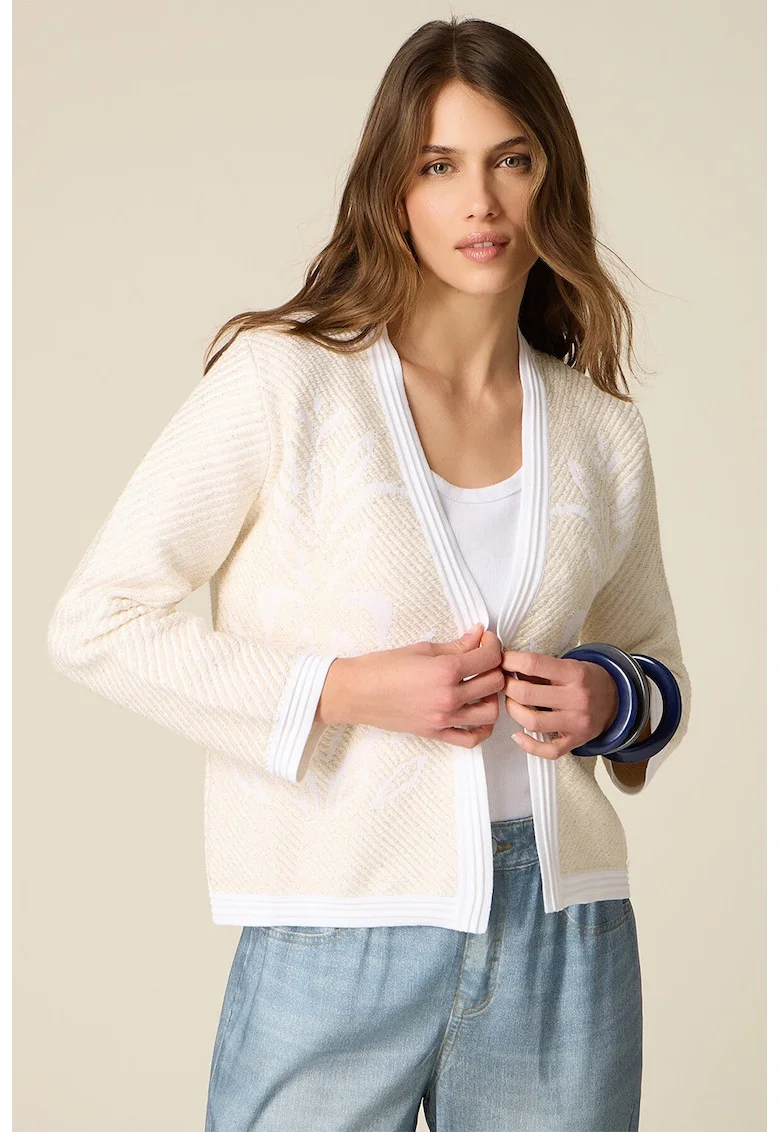 Cardigan fara inchidere cu broderie florala, Crem