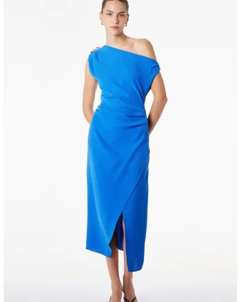 Rochie cu decolteu pe un umar si slit frontal, Albastru