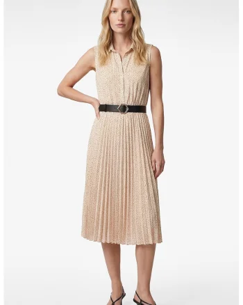 Rochie din sifon, cu model si curea in talie, Bej