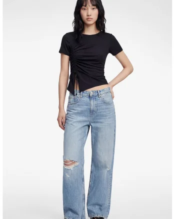 Tricou crop cu snururi laterale, Negru