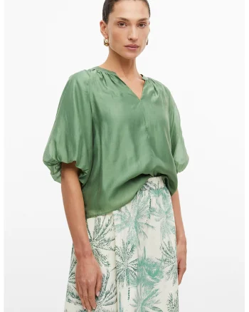 Bluza din amestec de lyocell si aspect de satin cu maneci bufante
