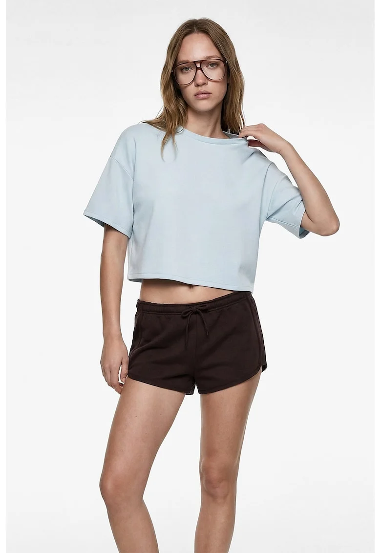 Tricou crop uni supradimensionat, Albastru deschis