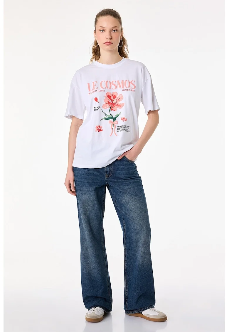 Tricou cu imprimeu grafic, Alb/Roz