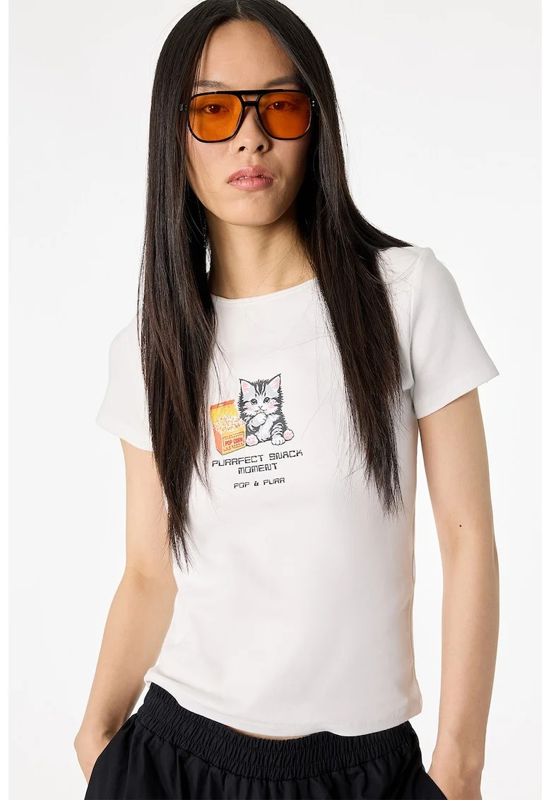 Tricou slim fit cu imprimeu pisica, Alb
