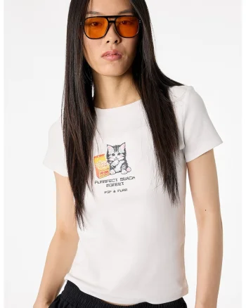 Tricou slim fit cu imprimeu pisica, Alb