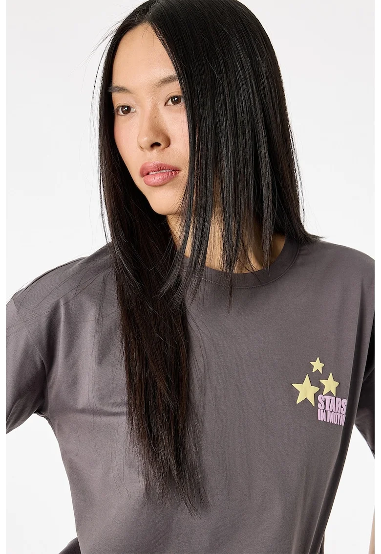Tricou cu decolteu la baza gatului si imprimeu pe spate, Gri inchis