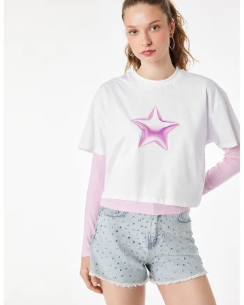 Tricou supradimensionat cu imprimeu stea, Alb/Roz