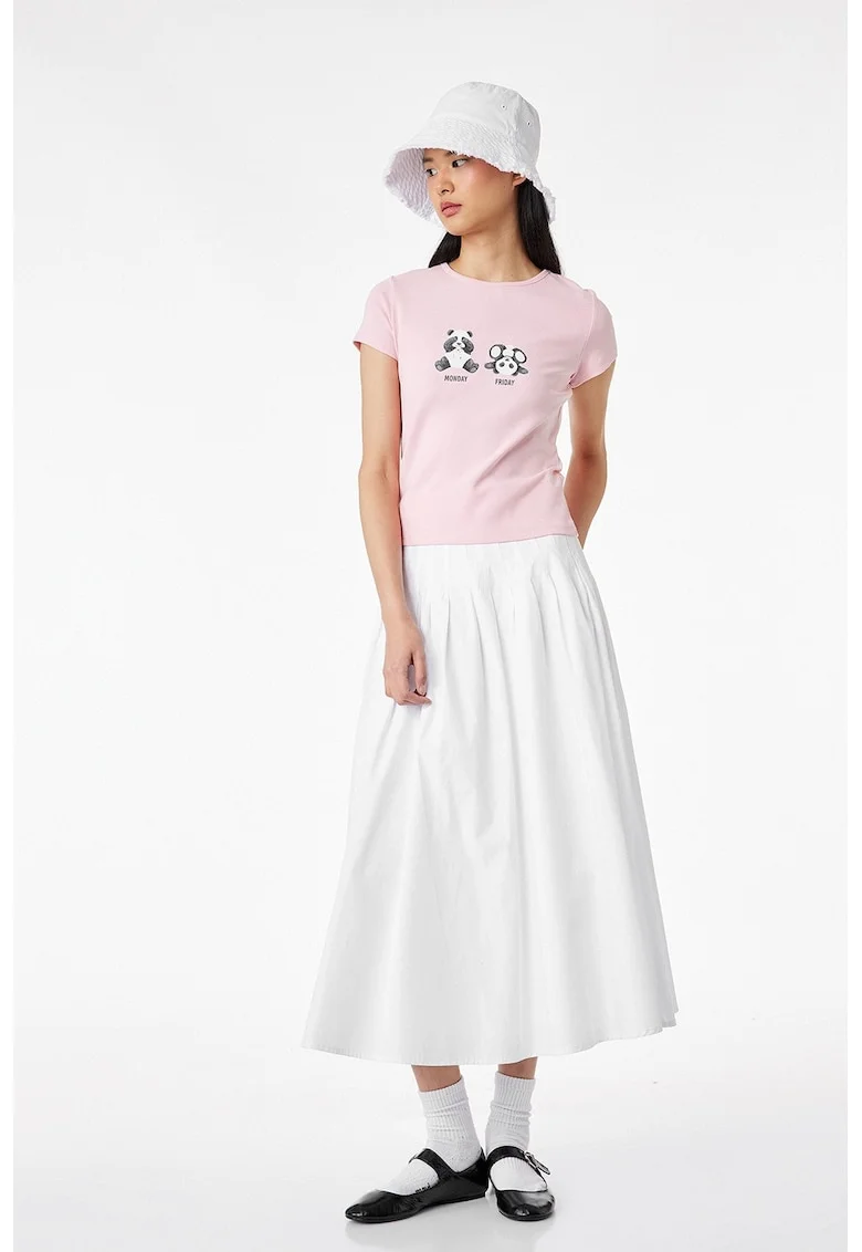 Tricou slim fit cu imprimeu ursi panda, Roz pastel