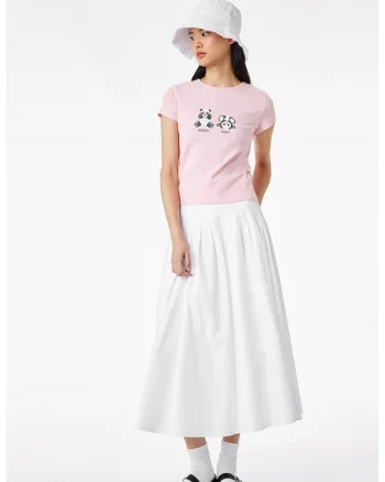 Tricou slim fit cu imprimeu ursi panda, Roz pastel
