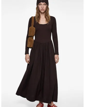Rochie evazata maxi cu decolteu rotund, Maro inchis