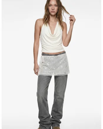 Top halter drapat, Alb fildes