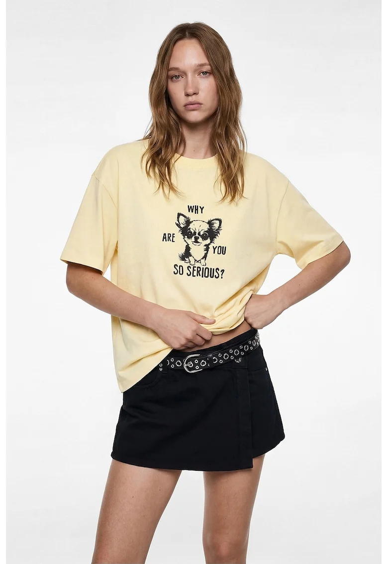 Tricou de bumbac cu decolteu la baza gatului, Galben