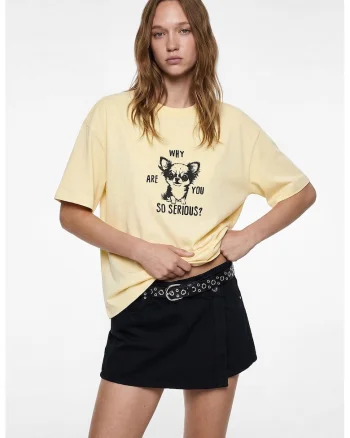Tricou de bumbac cu decolteu la baza gatului, Galben