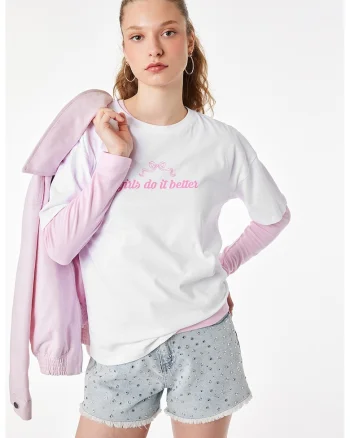 Tricou cu imprimeu text, Alb/Roz