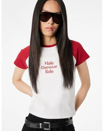 Tricou cu imprimeu text, Rosu inchis/Alb murdar