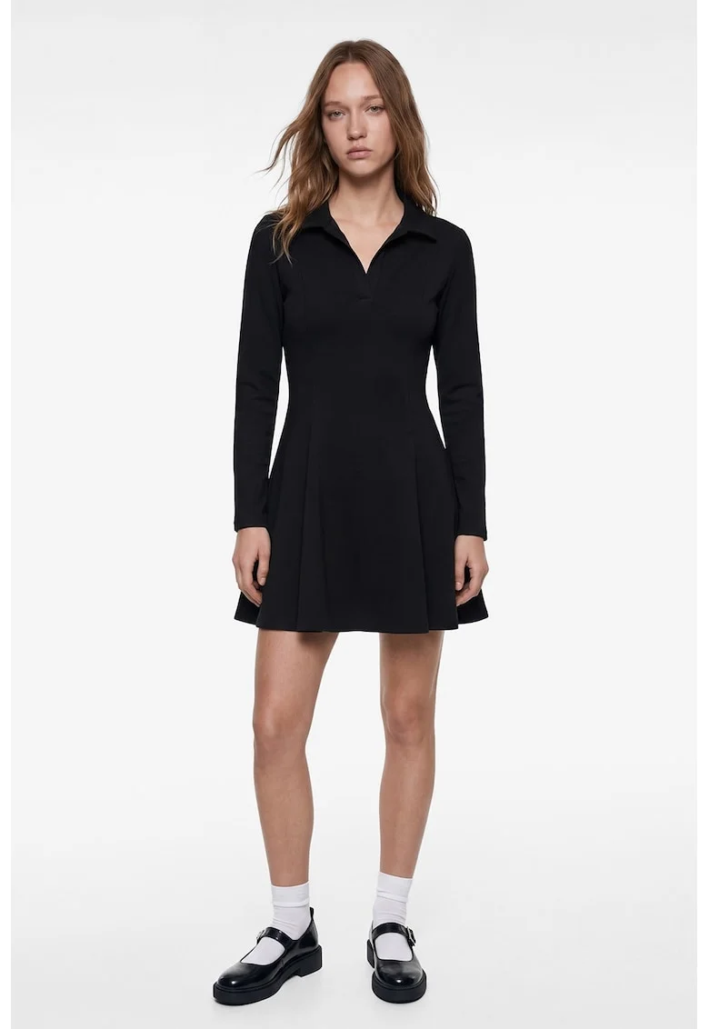 Rochie mini evazata cu guler clasic, Negru