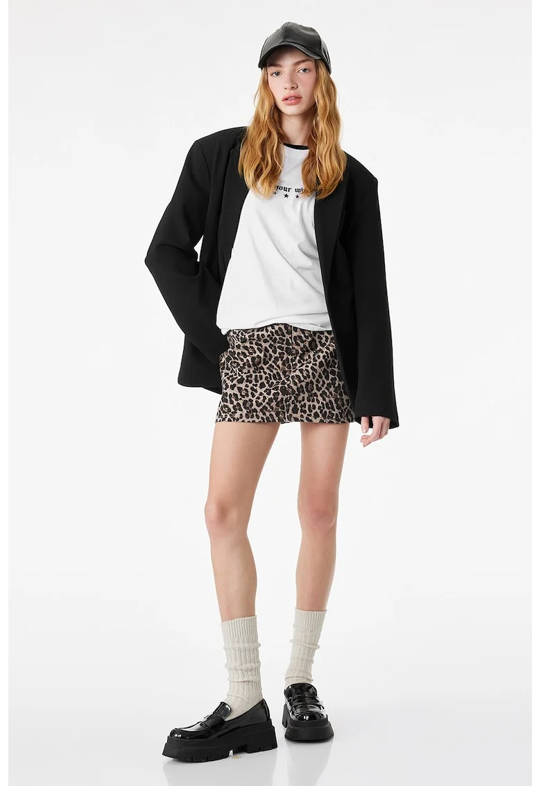 Fusta mini cu animal print, Negru/Bej