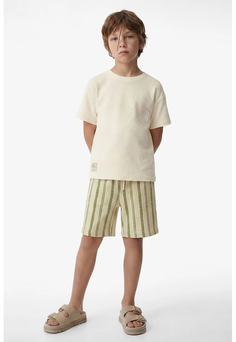 Tricou texturat cu decolteu la baza gatului, Alb fildes