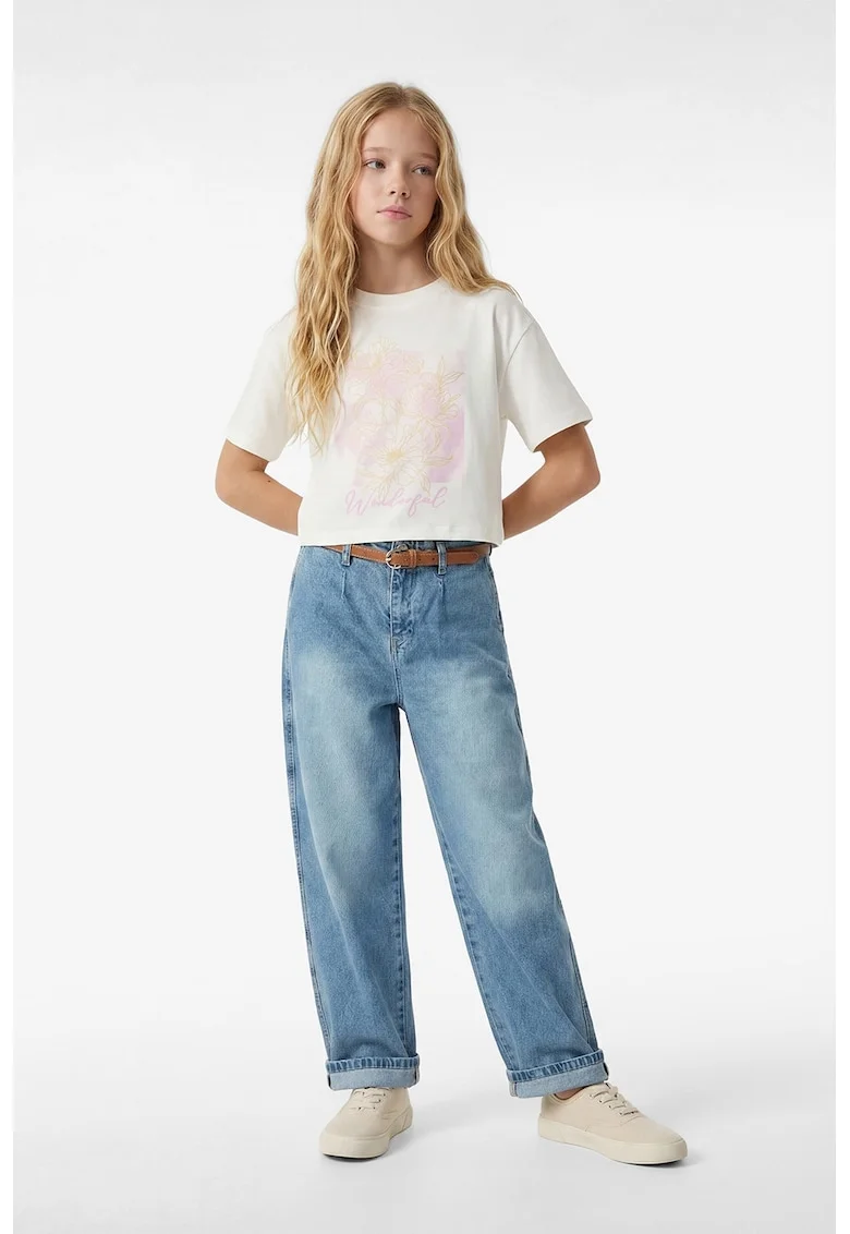 Tricou crop de bumbac cu imprimeu, Portocaliu pal/Alb murdar