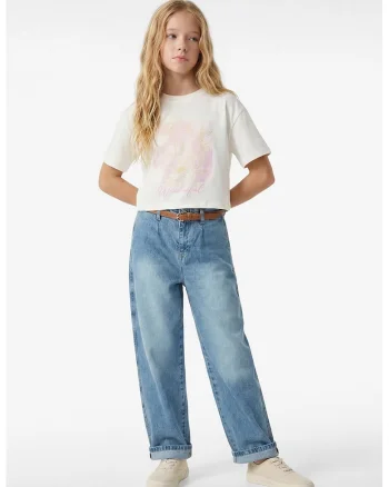 Tricou crop de bumbac cu imprimeu, Portocaliu pal/Alb murdar