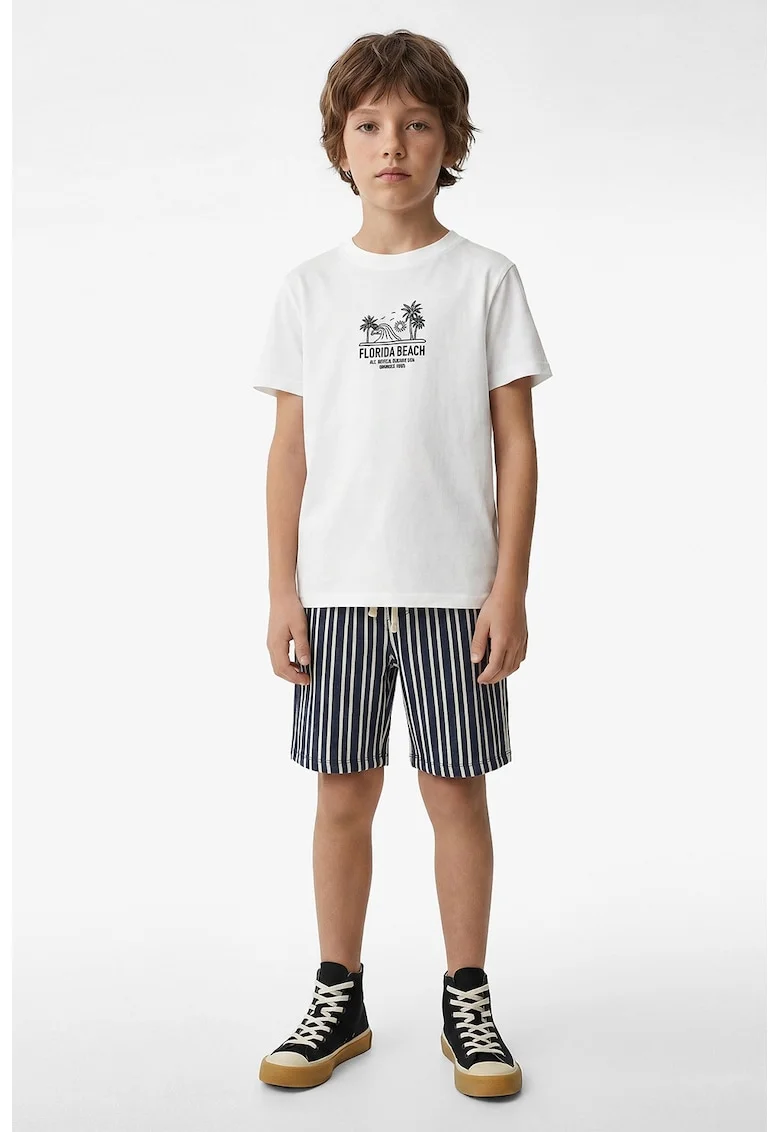 Tricou cu model grafic si decolteu la baza gatului, Alb