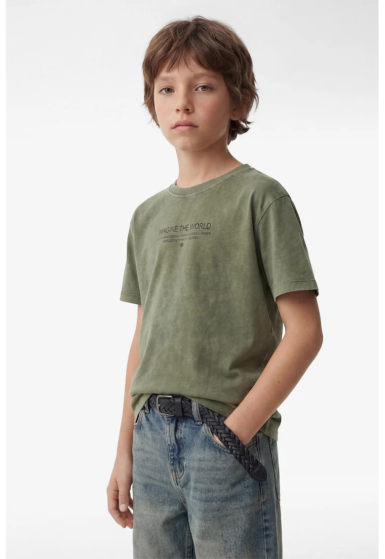 Tricou cu imprimeu text si decolteu la baza gatului, Verde