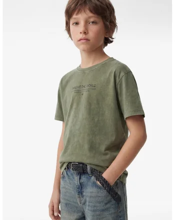 Tricou cu imprimeu text si decolteu la baza gatului, Verde