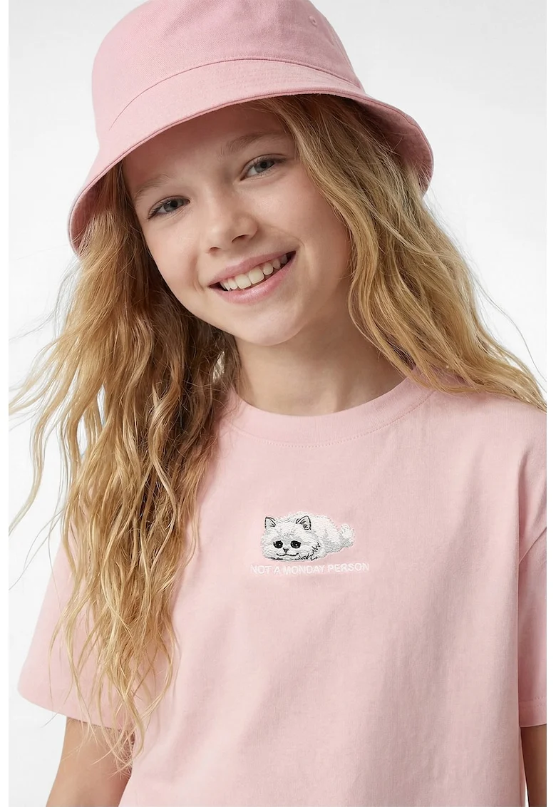 Tricou crop cu imprimeu grafic si text brodat, Roz