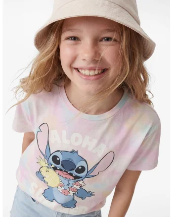Tricou cu decolteu la baza gatului si imprimeu cu desene, Albastru glaciar/Roz