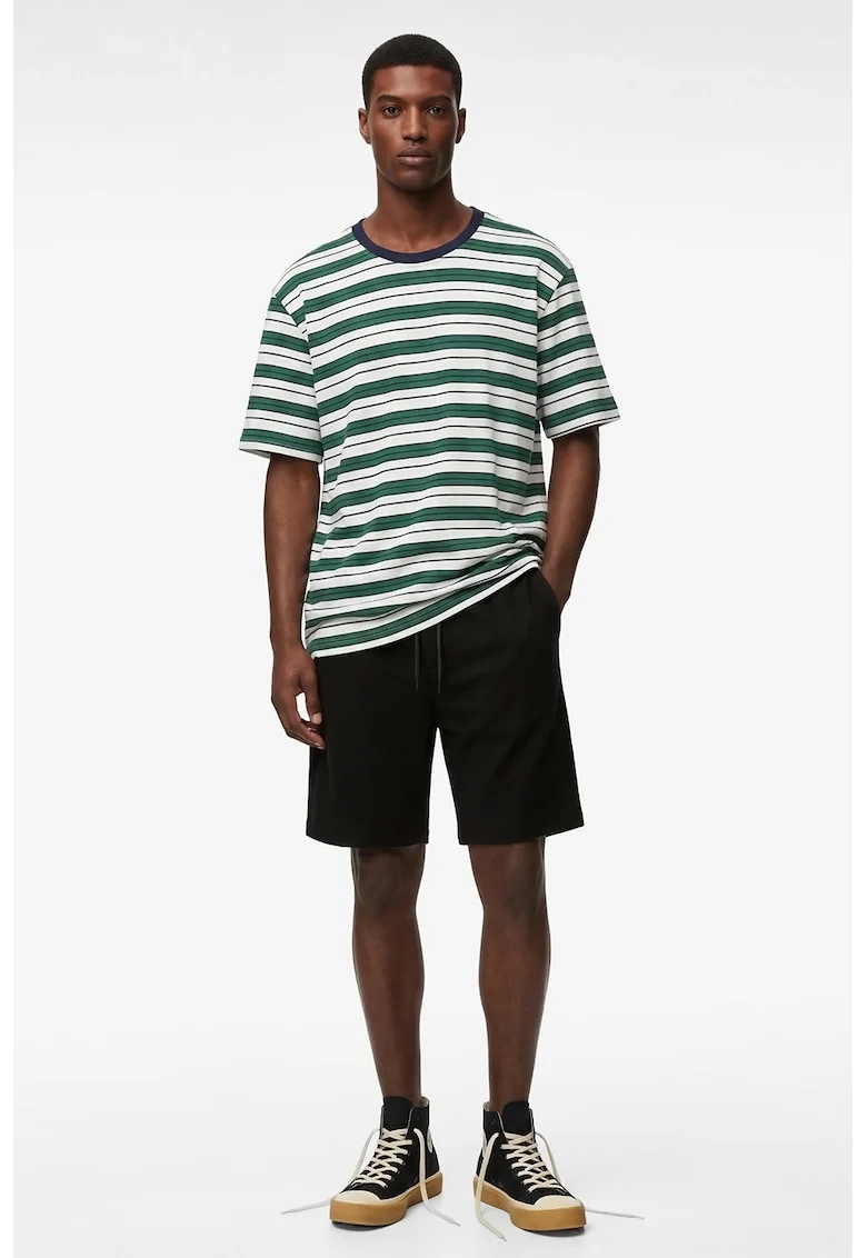 Tricou cu dungi si decolteu la baza gatului, Alb/Verde
