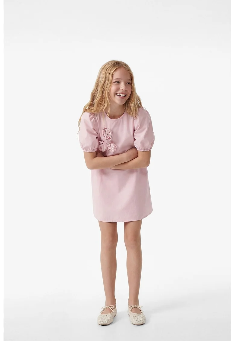 Rochie scurta de bumbac cu aplicatii florale, Roz