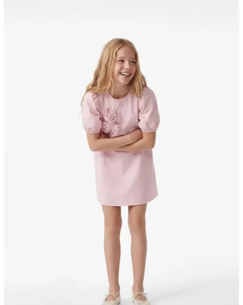 Rochie scurta de bumbac cu aplicatii florale, Roz