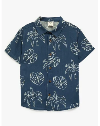 Camasa de bumbac cu model tropical, Bleumarin