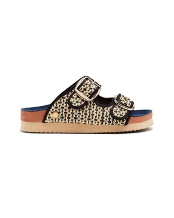 Papuci cu talpa wedge si barete cu catarame Pershing, Albastru royal/Bleumarin