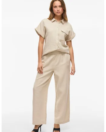Pantaloni ampli cu talie inalta, Bej