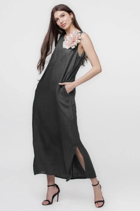 Rochie lunga A-line din in, fara maneci, gri