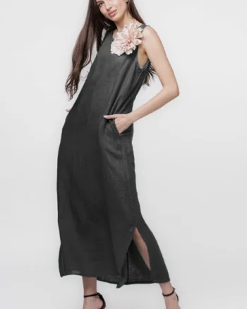 Rochie lunga A-line din in, fara maneci, gri
