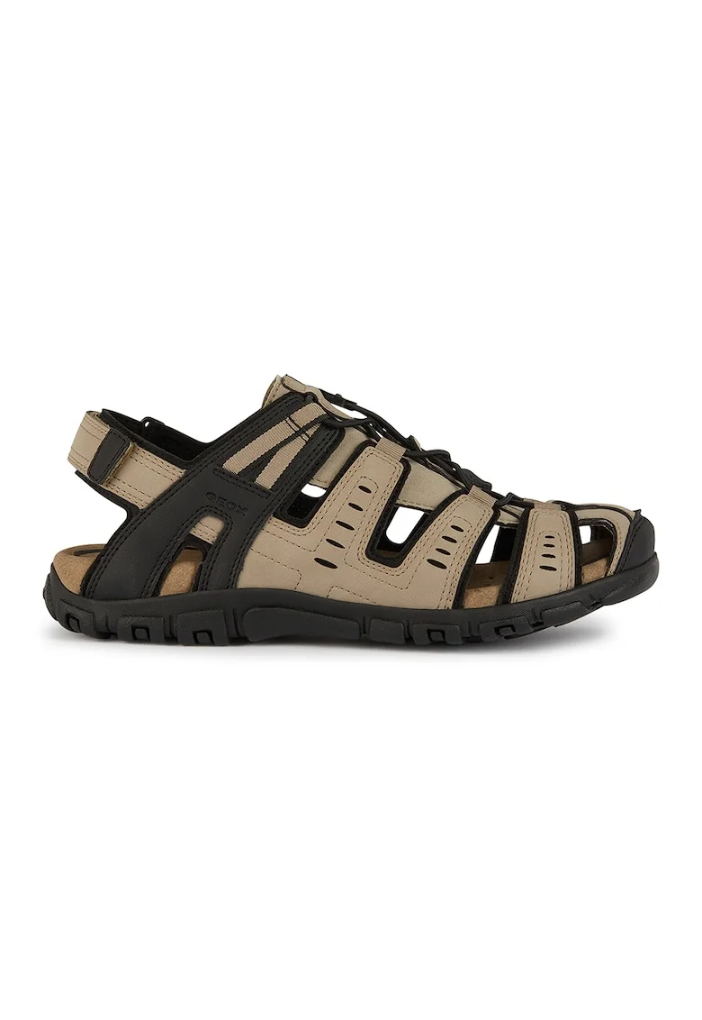 Sandale cu velcro si logo, Negru/Maro taupe