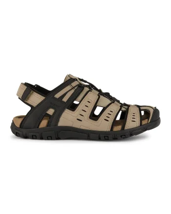 Sandale cu velcro si logo, Negru/Maro taupe