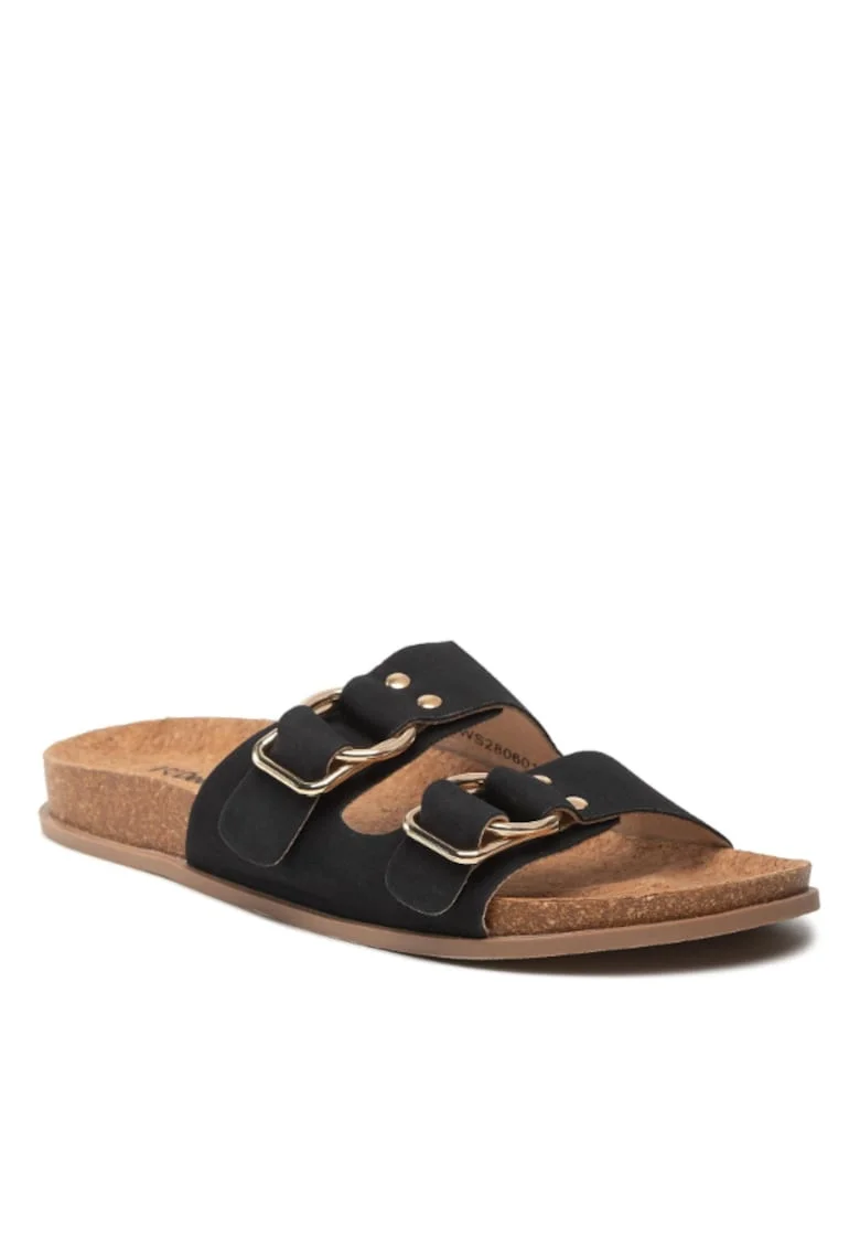Papuci flip-flop dama,  Piele ecologica, Negru, Negru