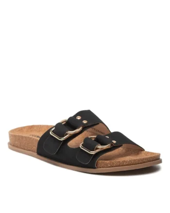Papuci flip-flop dama,  Piele ecologica, Negru, Negru