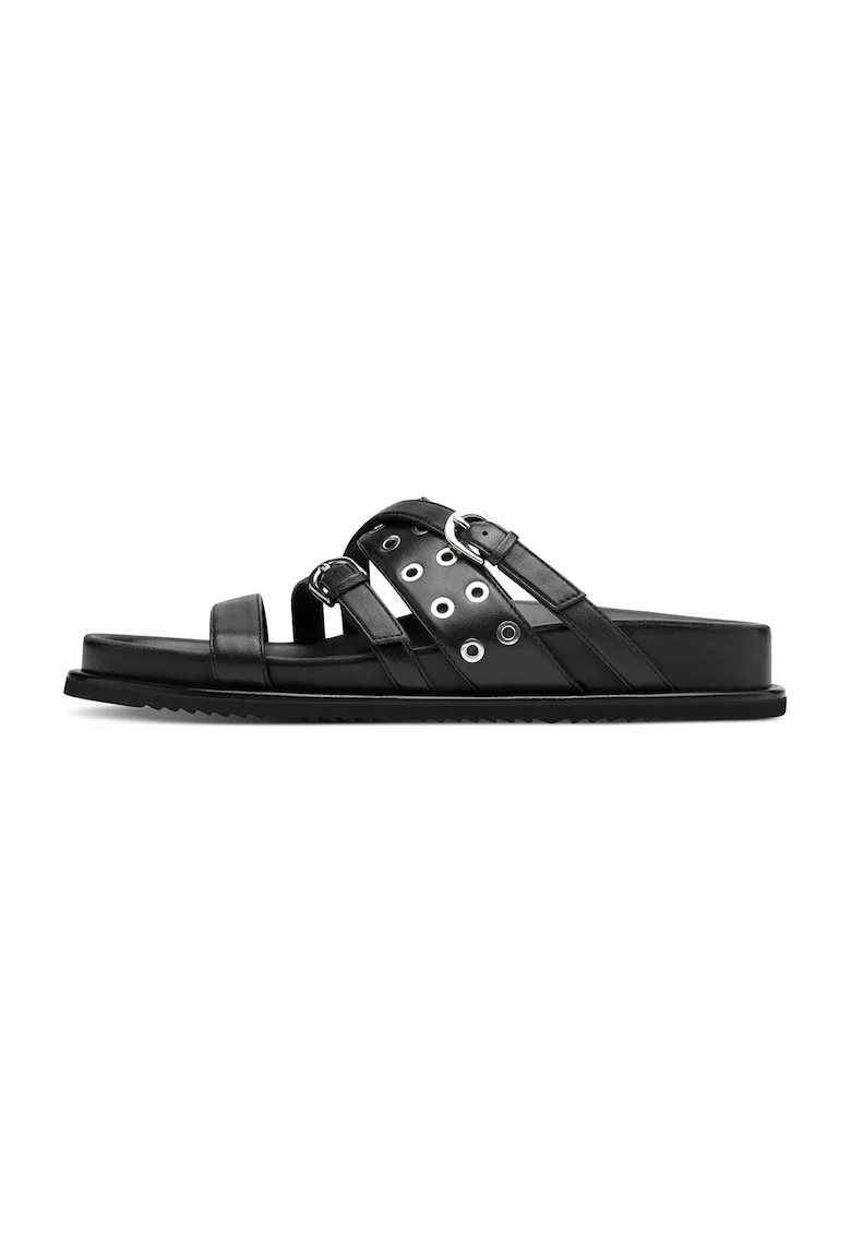 Papuci de casa din piele cu perforatii metalice, Negru