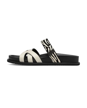 Papuci de casa din piele cu banda velcro, Negru/Crem