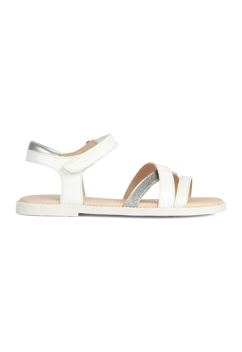 Sandale de piele ecologica cu velcro Karly, Alb/Argintiu