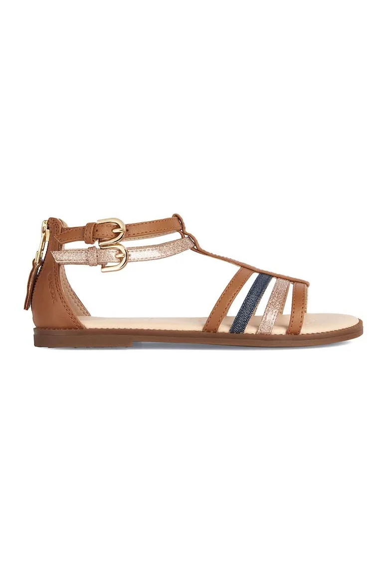 Sandale de piele ecologica cu garnituri textile si barete multiple Karly, Auriu/Maro scortisoara/Bleumarin