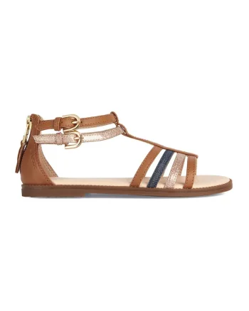 Sandale de piele ecologica cu garnituri textile si barete multiple Karly, Auriu/Maro scortisoara/Bleumarin